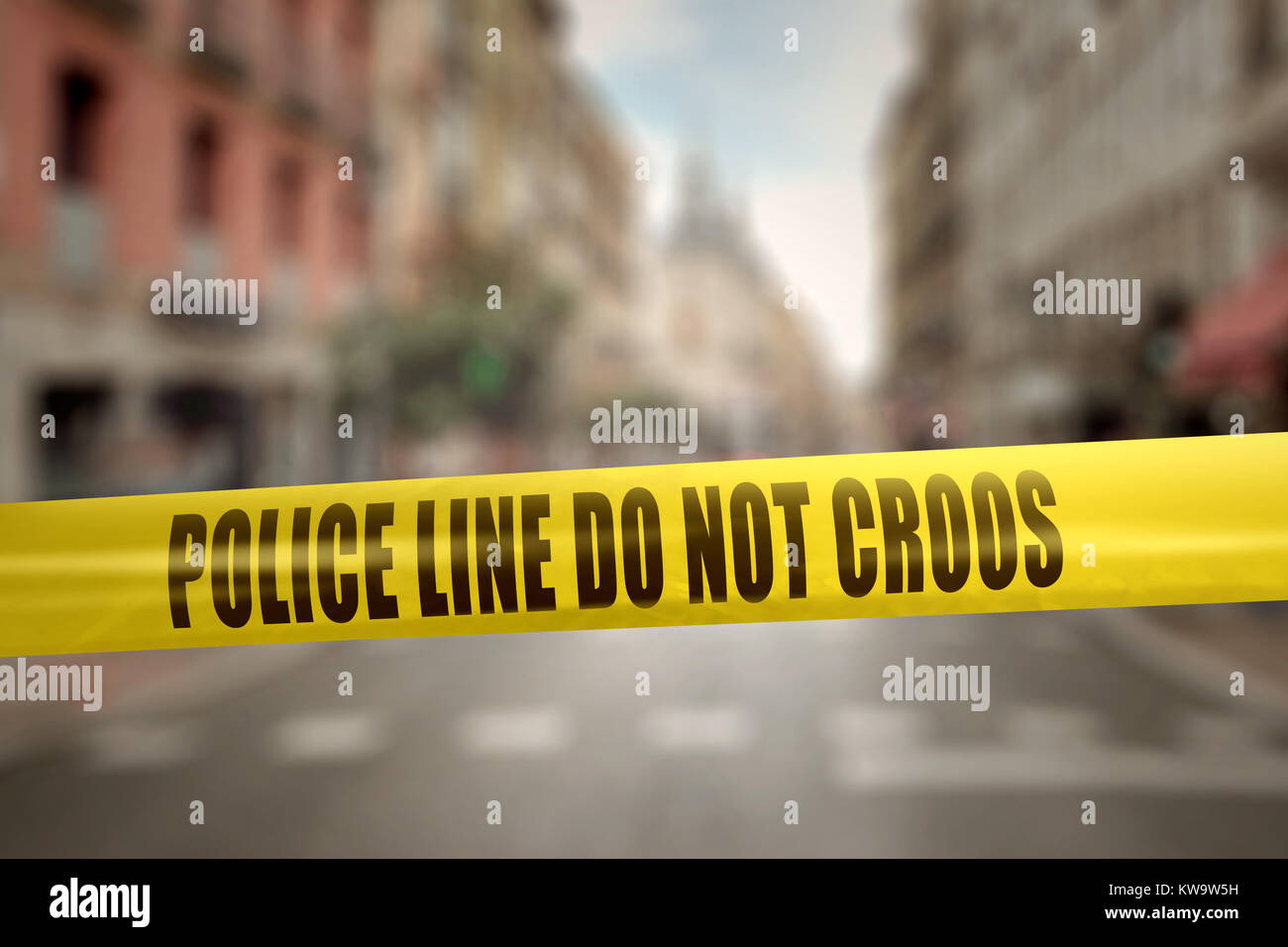 Yellow police line tape with text Police Line Do Not Cross against