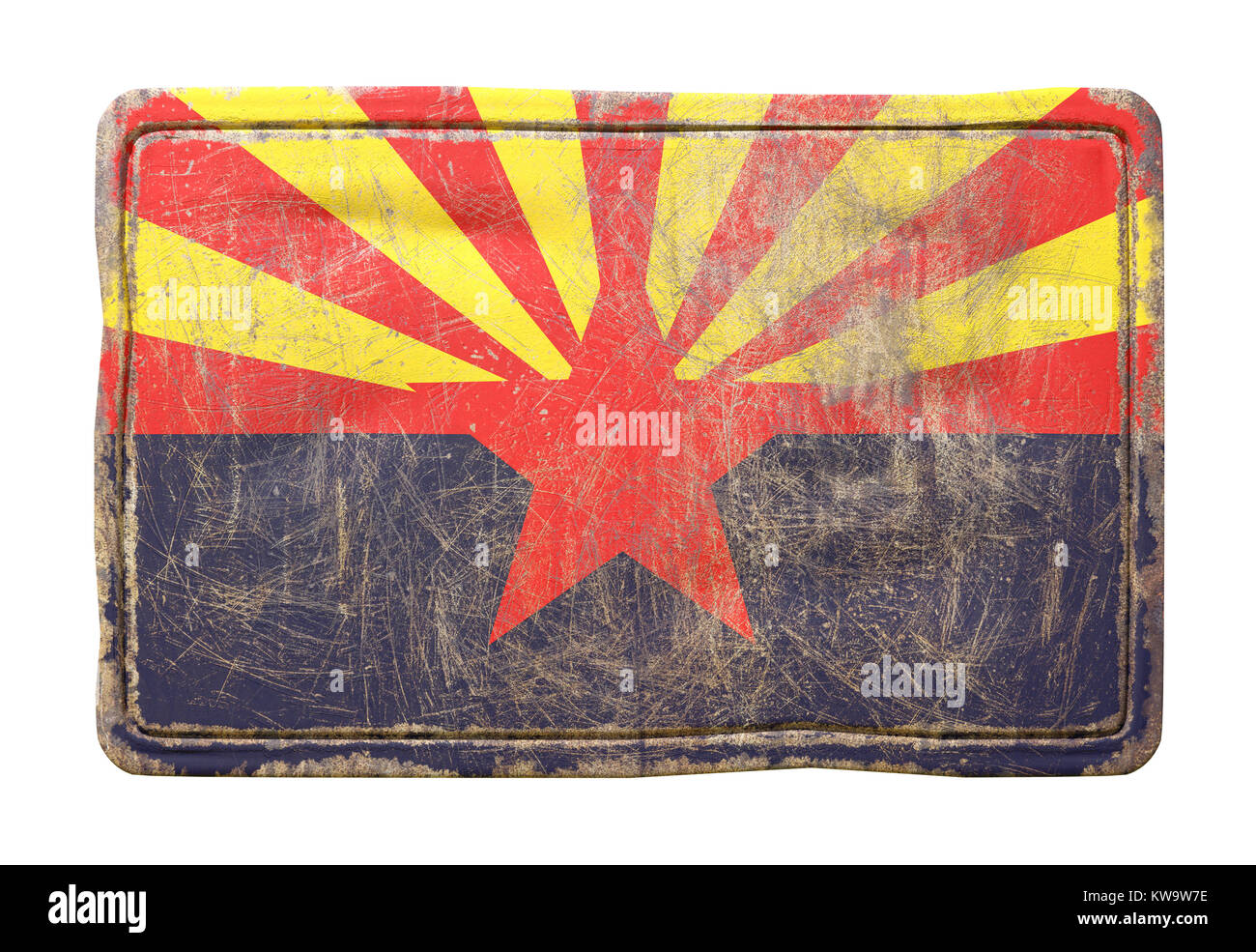 3d rendering of an Arizona State flag over a rusty metallic plate ...
