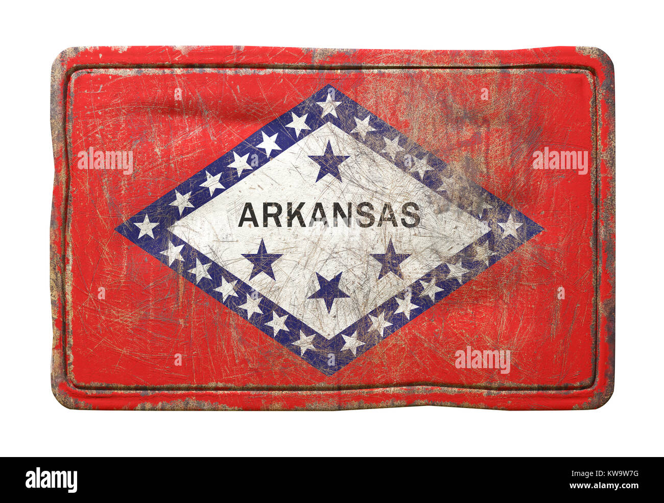 3d rendering of an Arkansas State flag over a rusty metallic plate ...