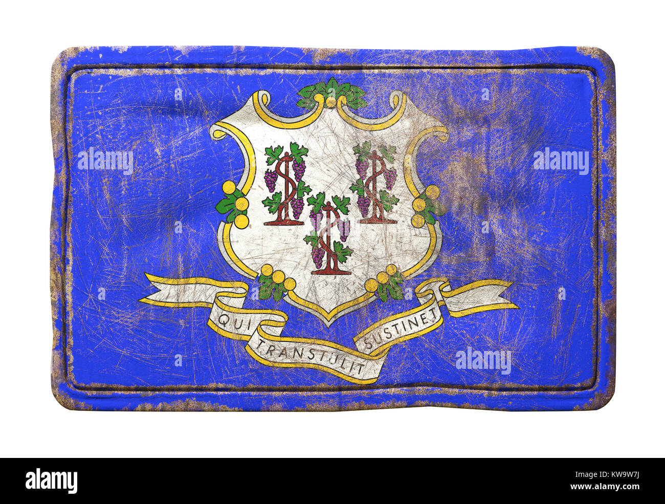 3d rendering of a Connecticut State flag over a rusty metallic plate ...