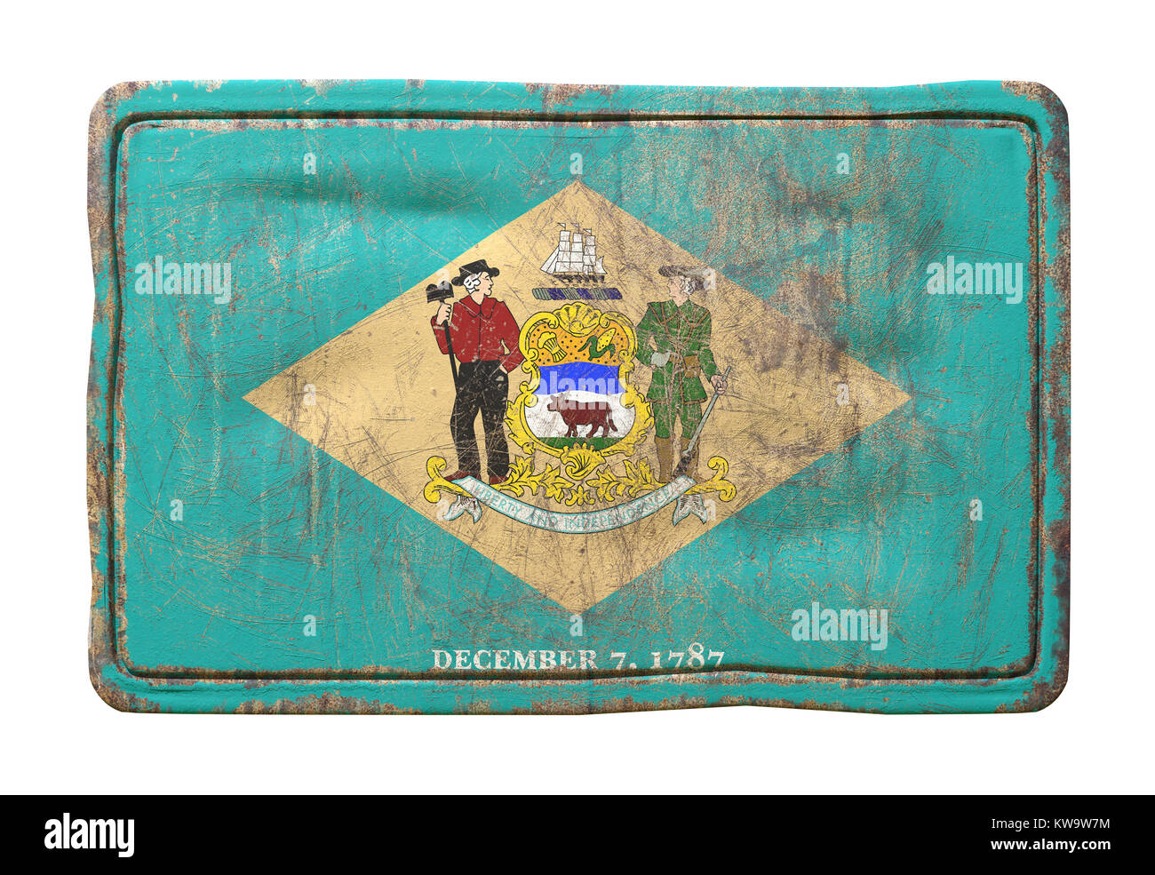 3d rendering of a Delaware State flag over a rusty metallic plate ...