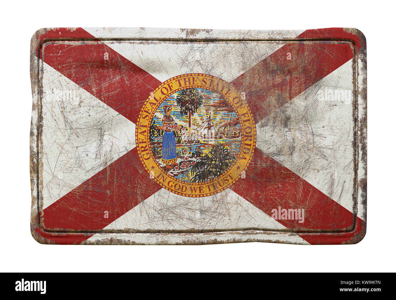 3d rendering of a Florida State flag over a rusty metallic plate ...