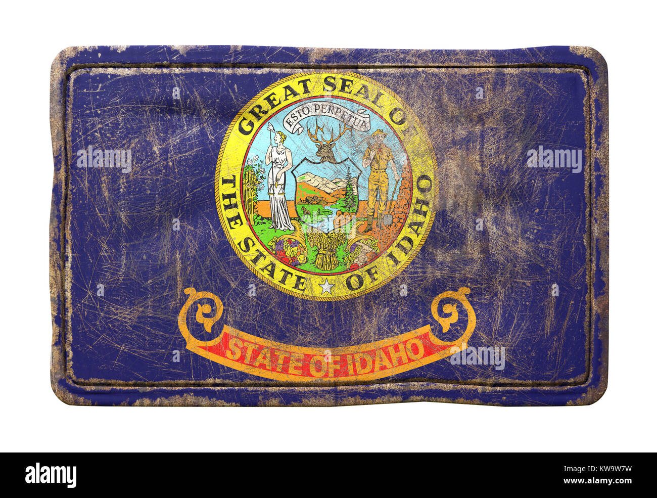 3d rendering of an Idaho State flag over a rusty metallic plate ...