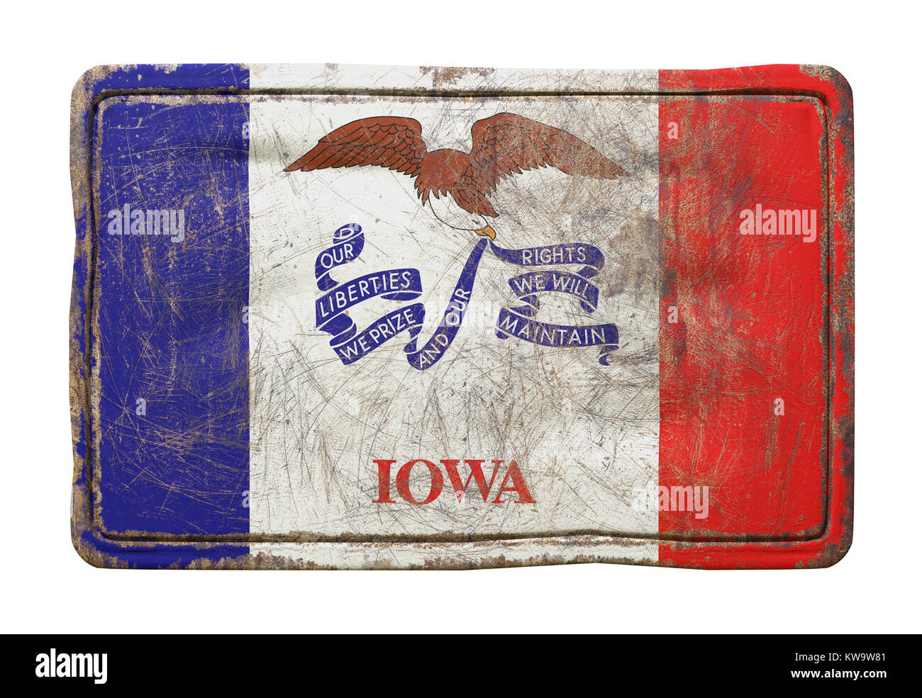 3d rendering of an Iowa State flag over a rusty metallic plate ...
