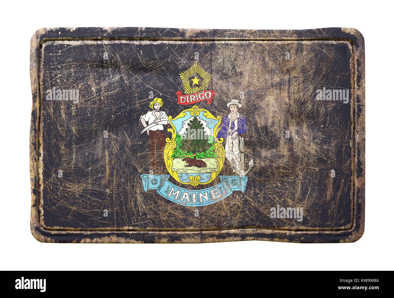 3d rendering of a Maine State flag over a rusty metallic plate ...