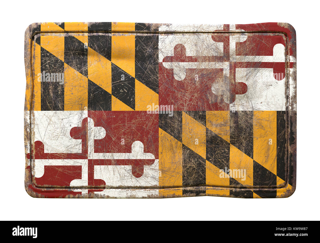 3d rendering of an Maryland State flag over a rusty metallic plate ...