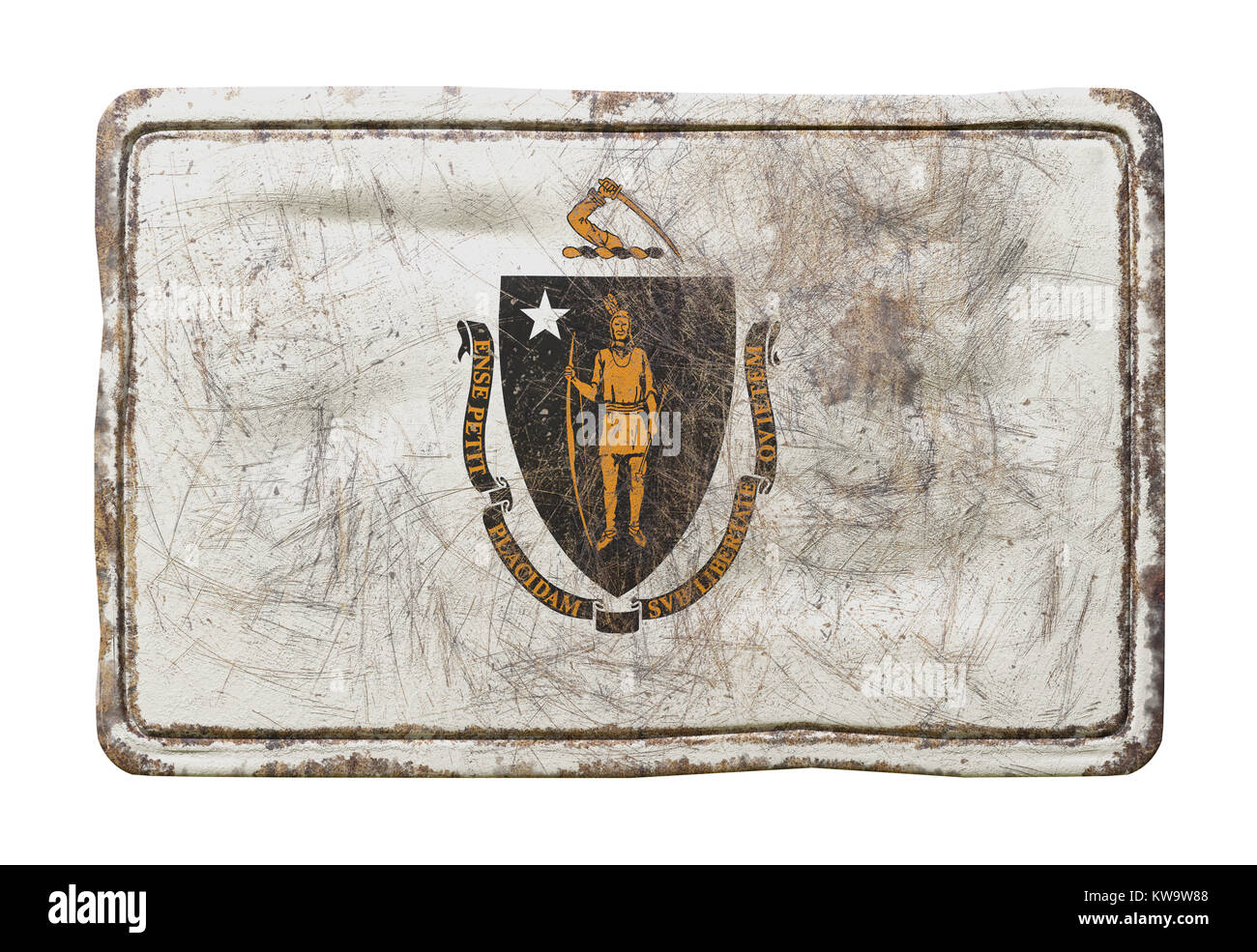3d rendering of a Massachusetts State flag over a rusty metallic plate ...