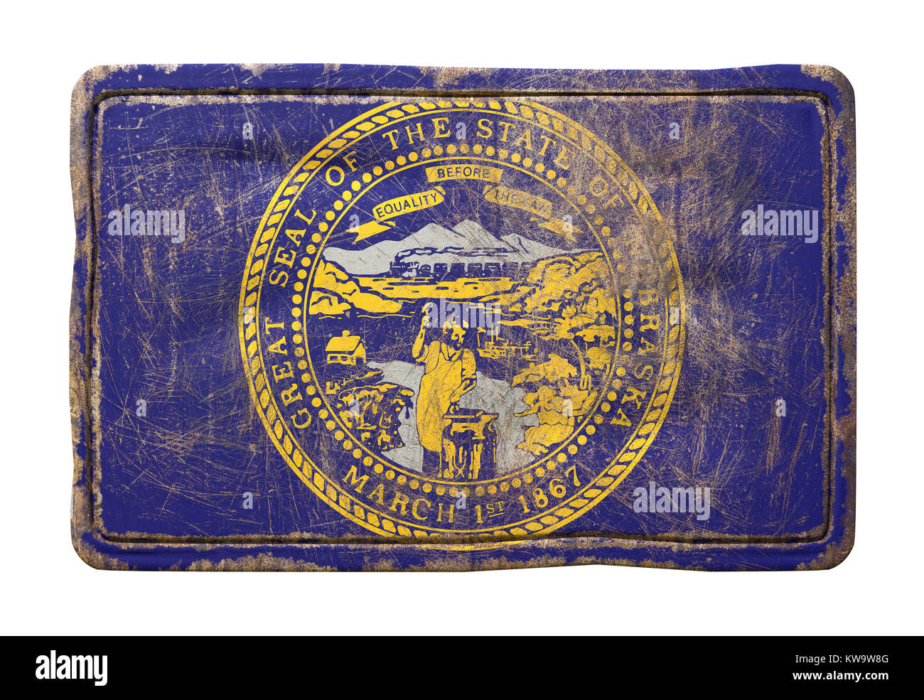3d rendering of a Nebraska State flag over a rusty metallic plate ...
