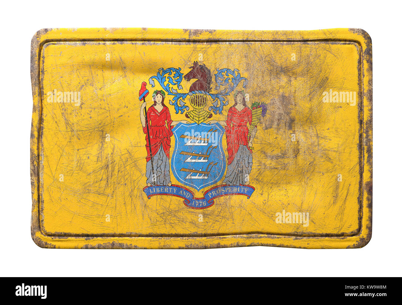 3d rendering of a New Jersey State flag over a rusty metallic plate ...