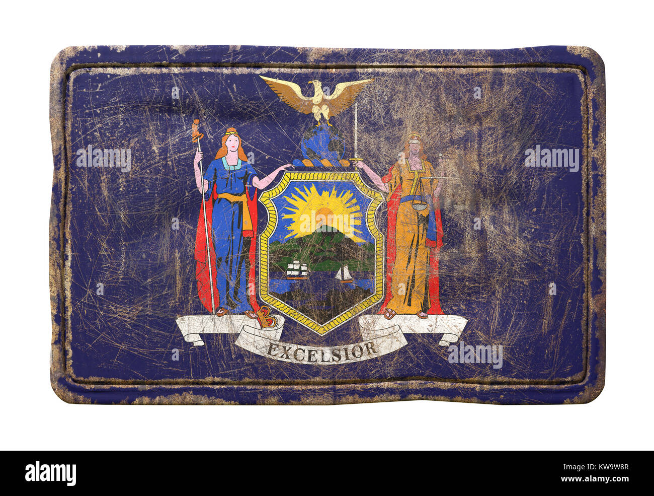 3d rendering of a New York State flag over a rusty metallic plate ...