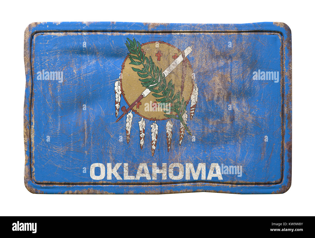3d rendering of a Oklahoma State flag over a rusty metallic plate ...