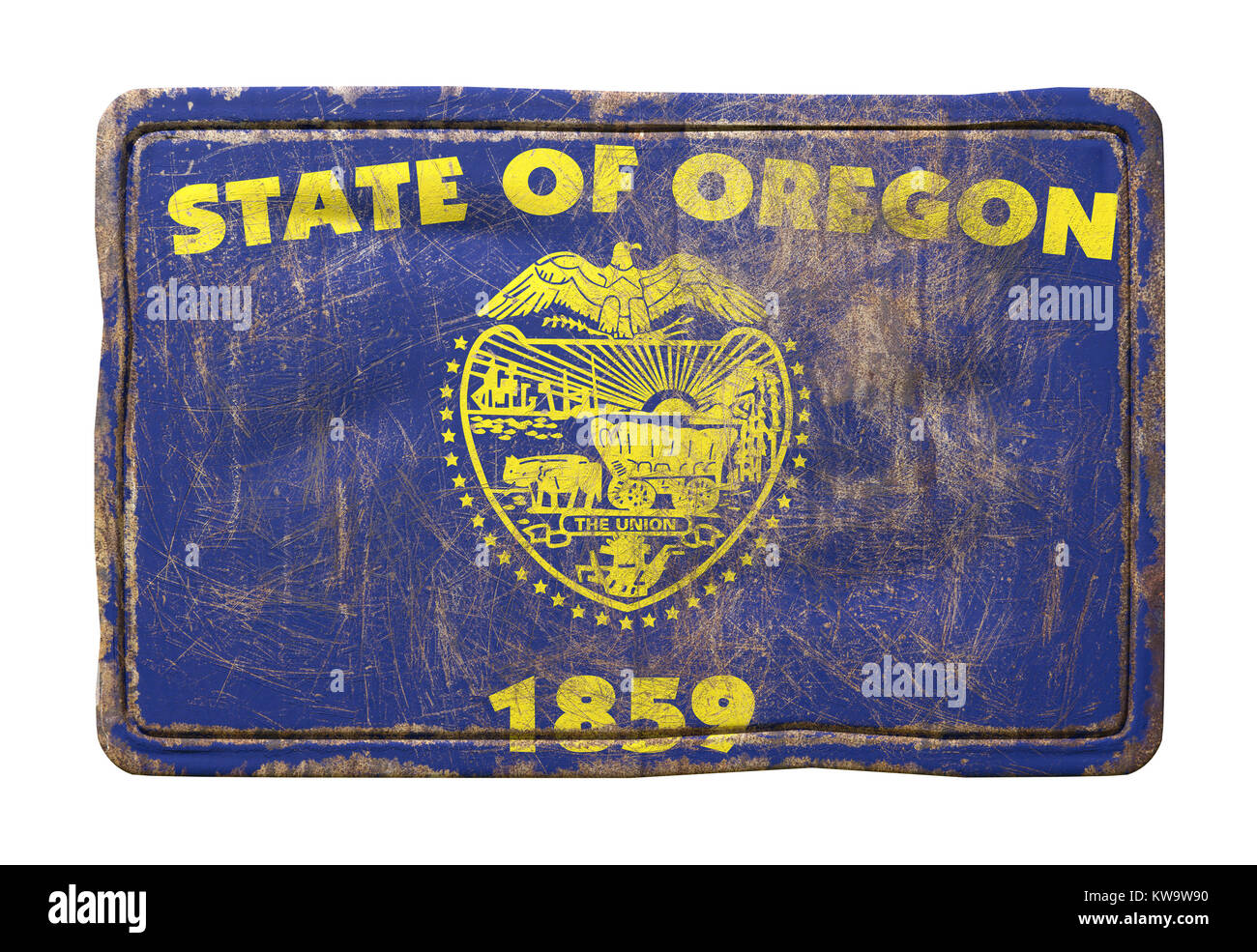 3d rendering of a Oregon State flag over a rusty metallic plate ...