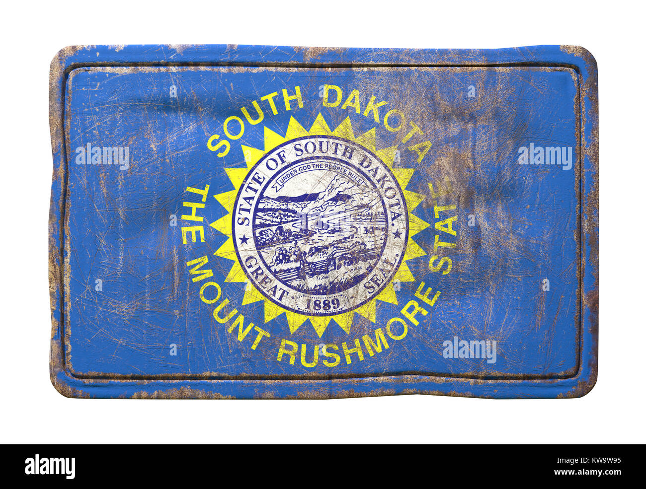 3d rendering of a South Dakota State flag over a rusty metallic plate ...