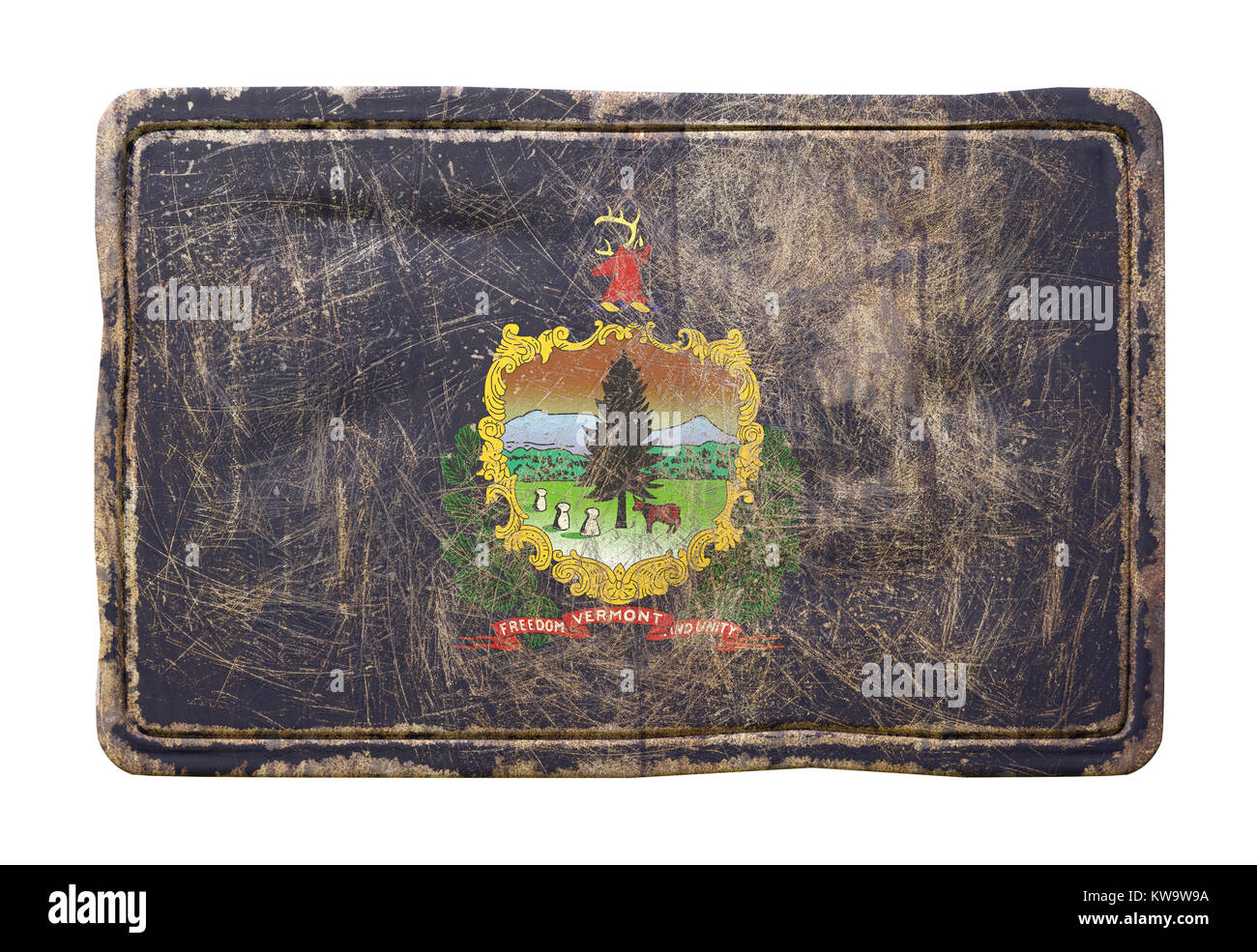 3d rendering of a Vermont State flag over a rusty metallic plate ...