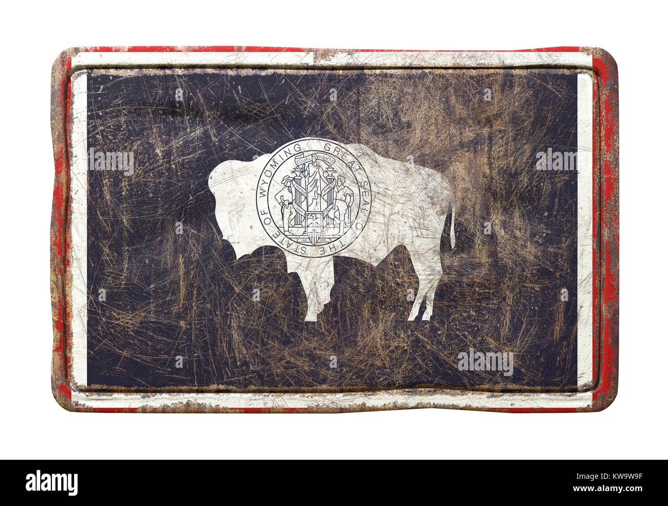 3d rendering of a Wyoming State flag over a rusty metallic plate ...