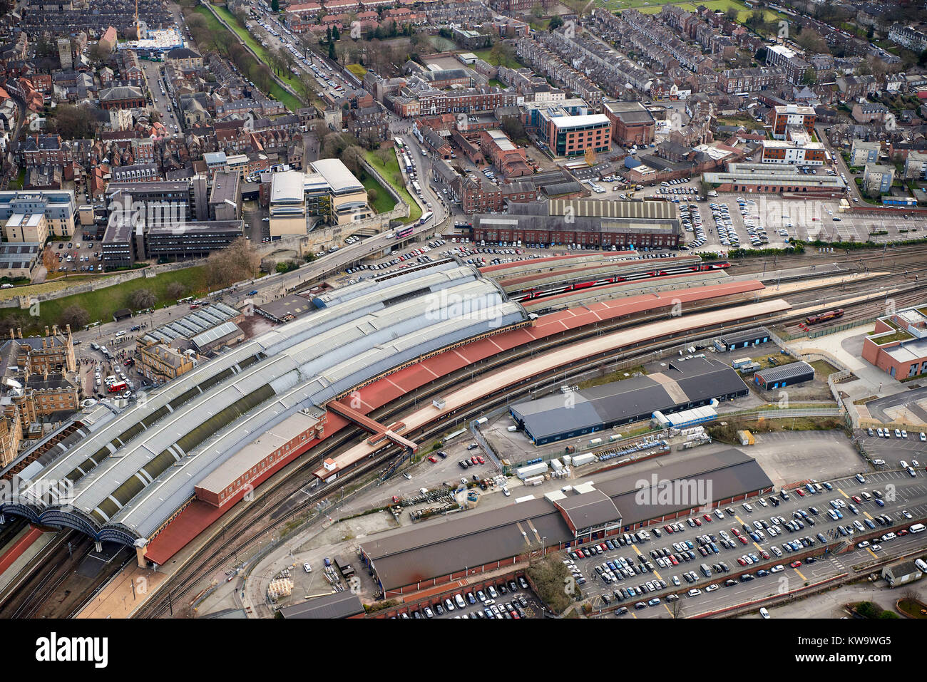 The wonderful curved roof of York Railway Station, shown from the air, York, North Yorkshire, Northern England, UK Stock Photo