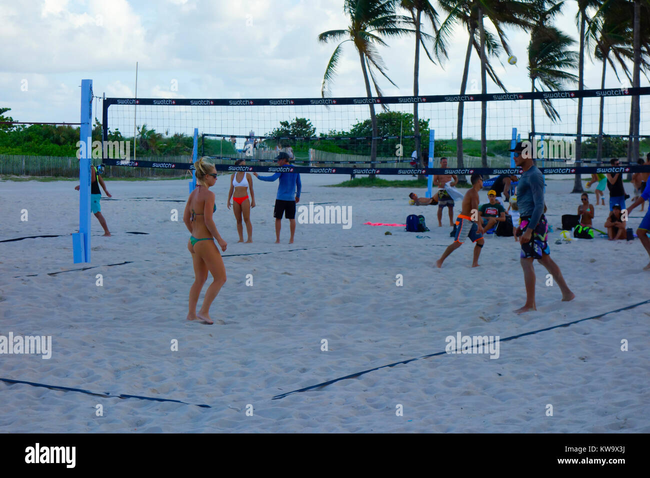 Young People Playing Volleyball, Lummus Park, Miami Beach, USA Stock Photo