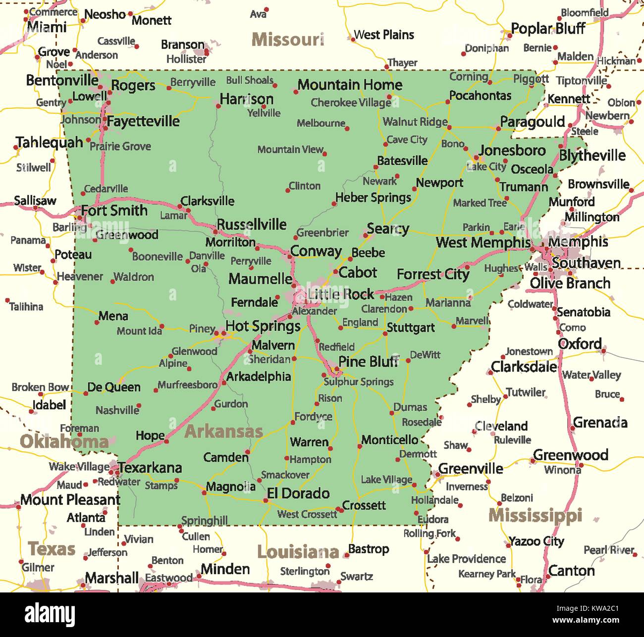 Map of Arkansas. Shows country borders, urban areas, place names, roads