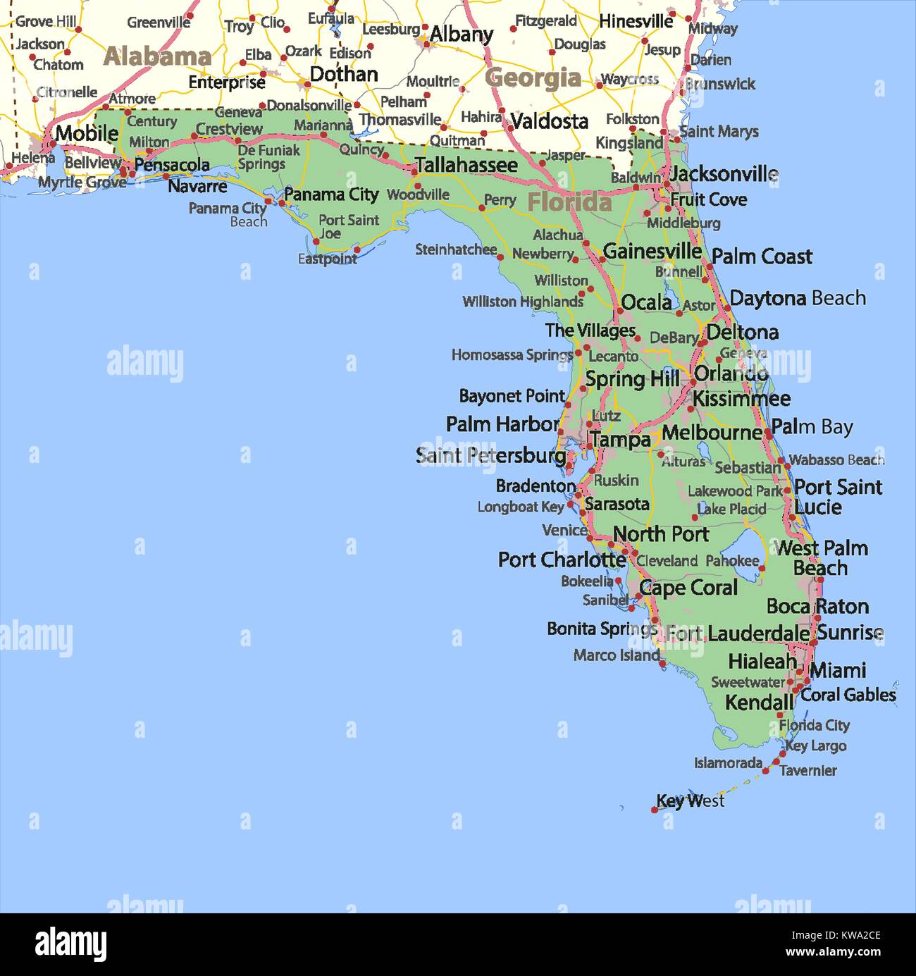 Map of Florida. Shows country borders, urban areas, place names, roads and highways. Projection: Mercator. Stock Vector