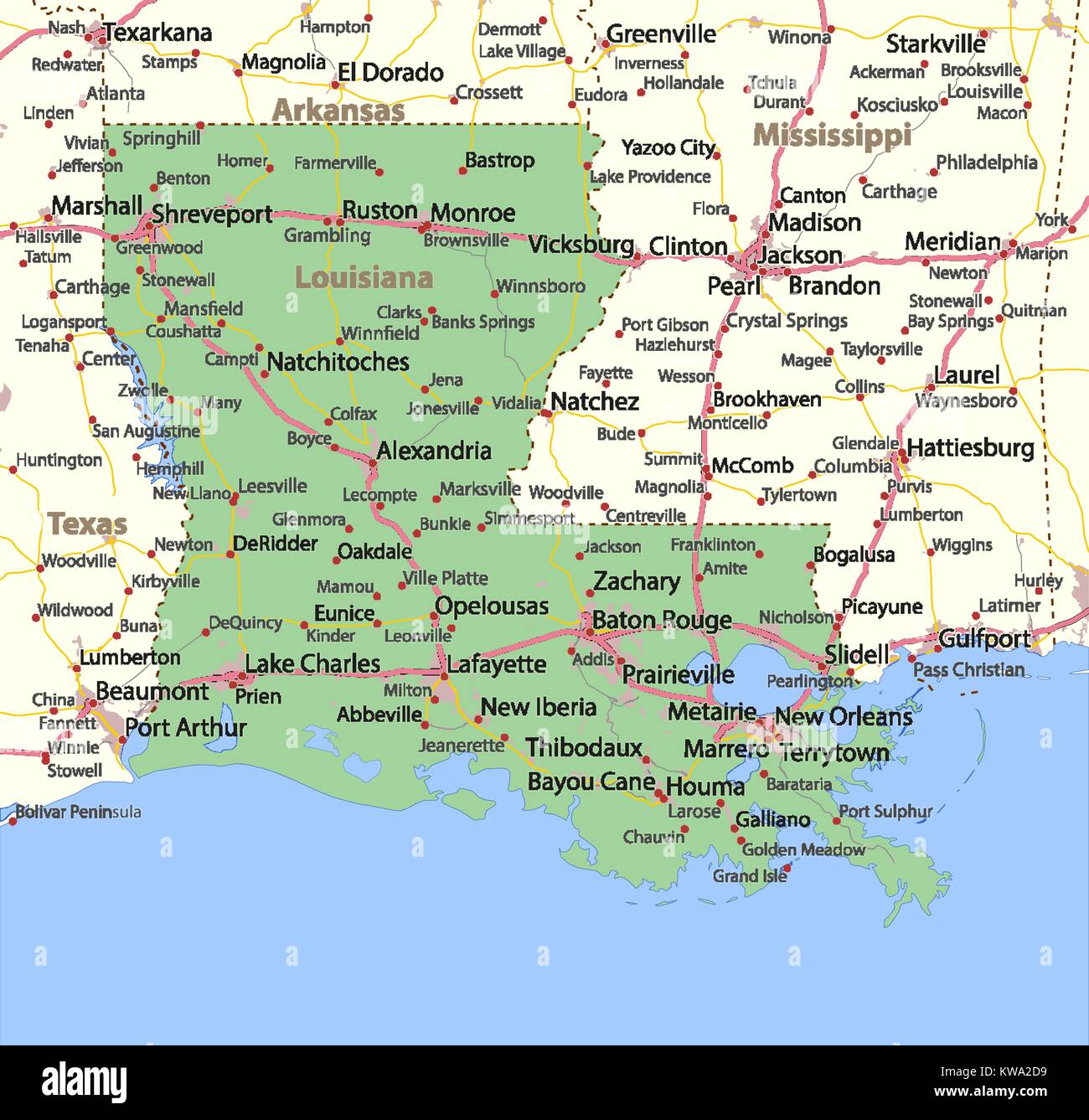 Map of Louisiana. Shows country borders, urban areas, place names