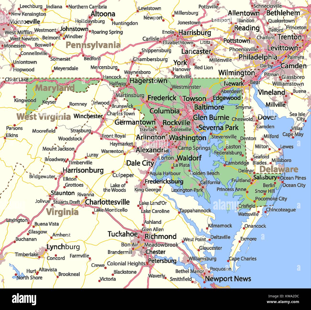 Map of Maryland. Shows country borders, urban areas, place names, roads