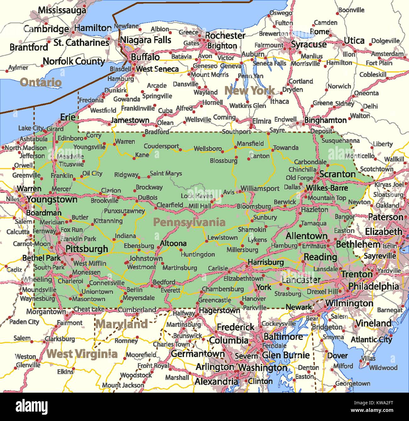 Map of Pennsylvania. Shows country borders, urban areas, place names, roads and highways. Projection: Mercator. Stock Vector