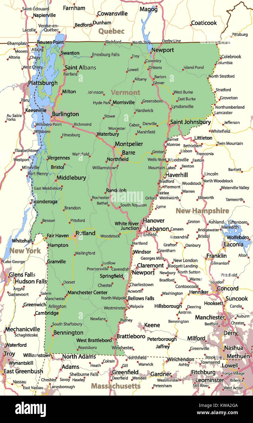 Map of Vermont. Shows country borders, urban areas, place names, roads and highways. Projection: Mercator. Stock Vector