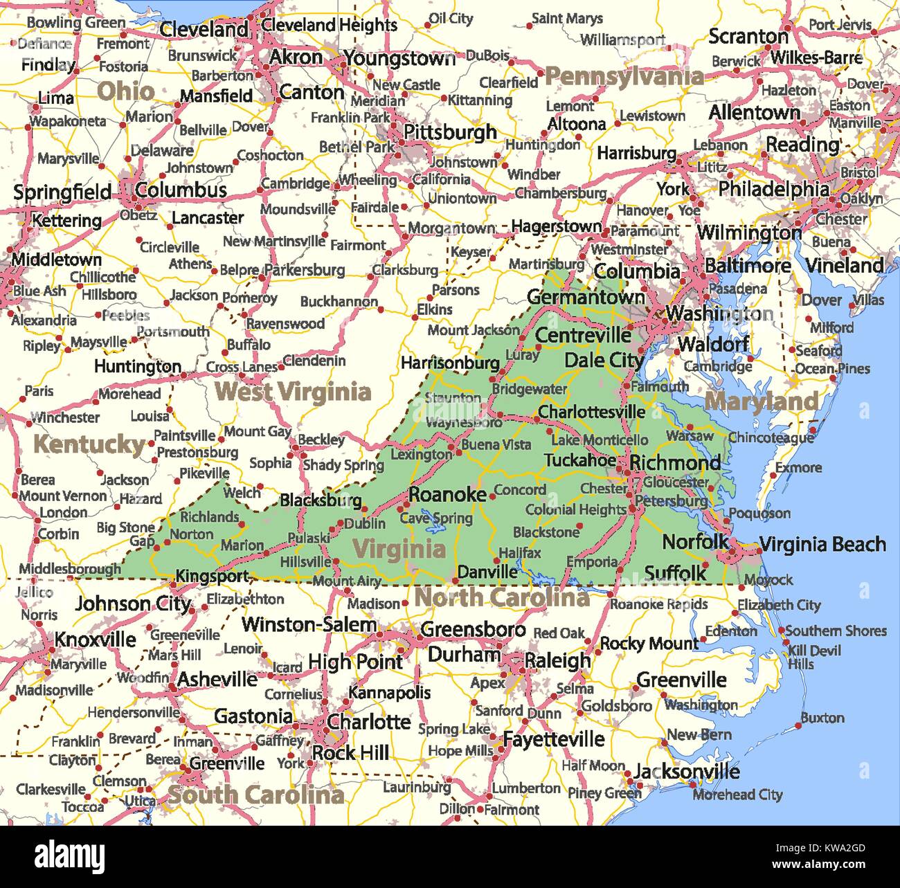 Map of Virginia. Shows country borders, urban areas, place names, roads and highways. Projection: Mercator. Stock Vector