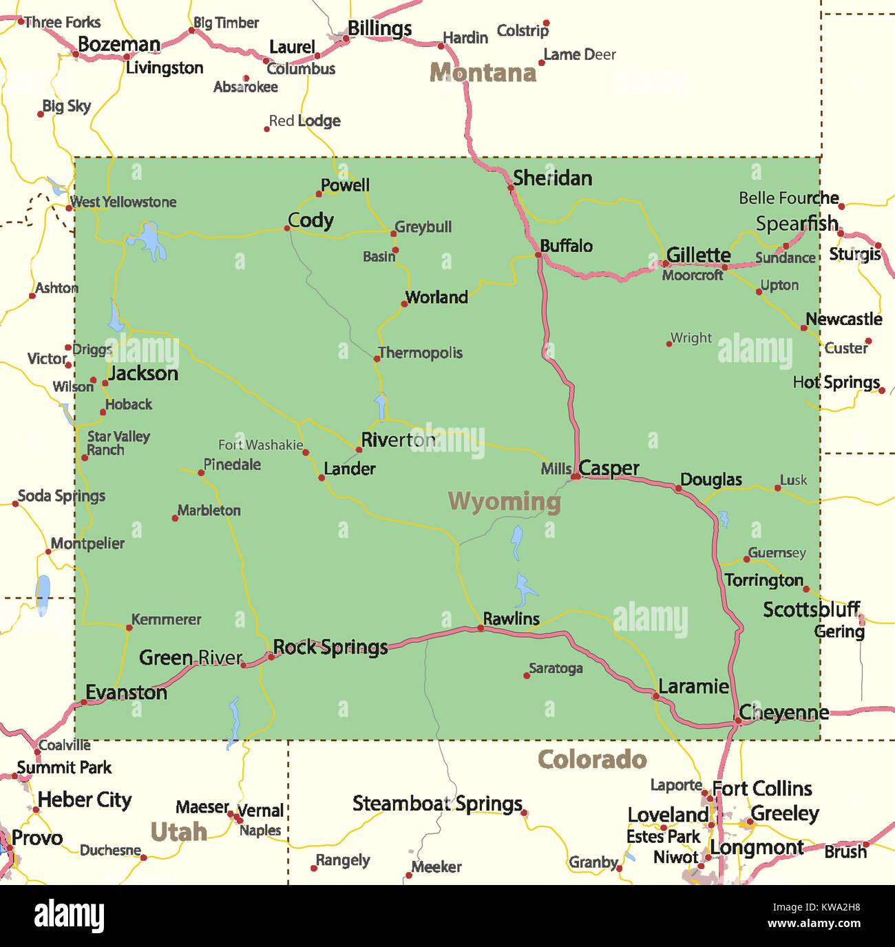 Map of Wyoming. Shows country borders, urban areas, place names, roads and highways. Projection: Mercator. Stock Vector