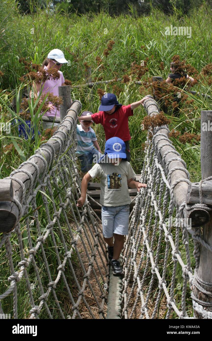 Small children walking across a rope bridge at the Werribee open range zoo, Melbourne, Victoria. Stock Photo