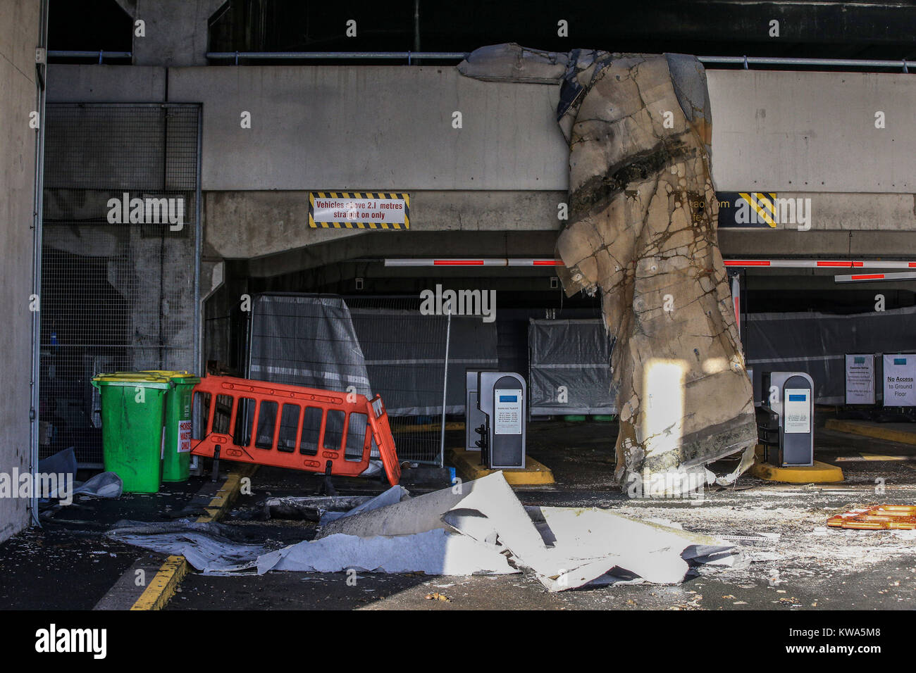 Damage at the multi storey car park near the Echo Arena in Liverpool, after last night's fire which destroyed hundreds of cars. Stock Photo