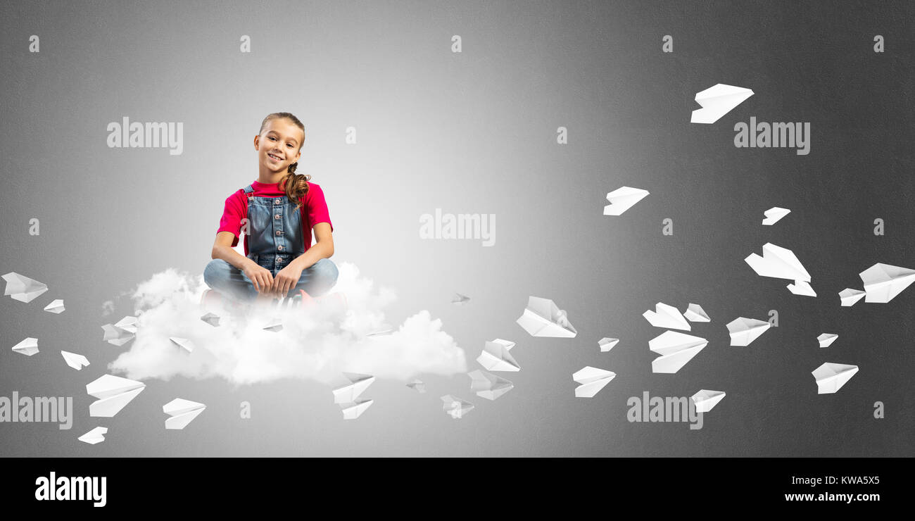 Cute kid girl sitting on cloud and paper planes flying around Stock ...