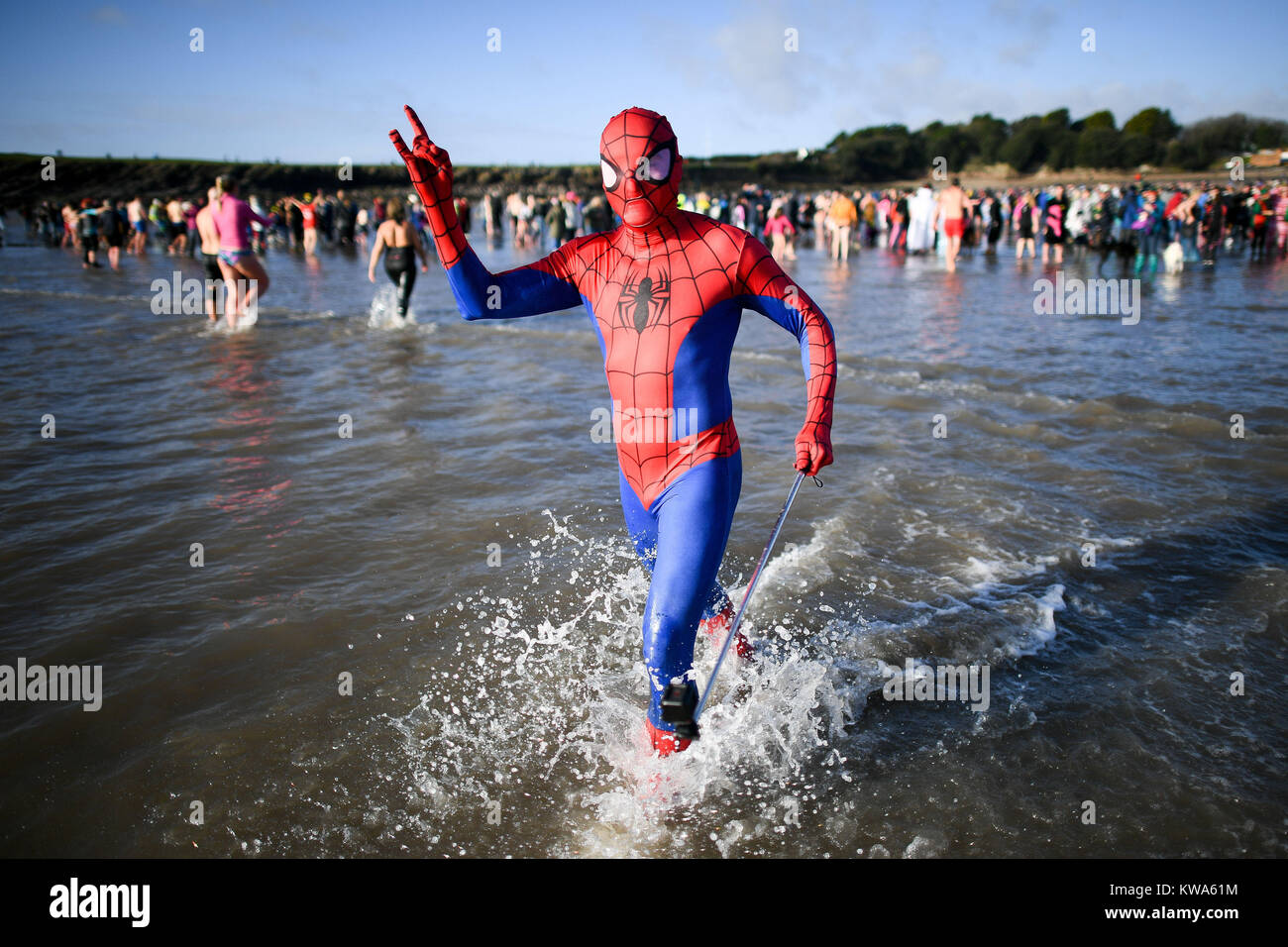 Spiderman runs into in the sea at the Barry Island New Year Day Swim at Whitmore Bay, in the Vale of Glamorgan, South Wales, during the 34th annual New Year day swim, which originally started when five members of the Jacksons Bay Lifeguard Club decided to shake off their hangovers with a bracing dip, by completely submerging themselves three times. Stock Photo