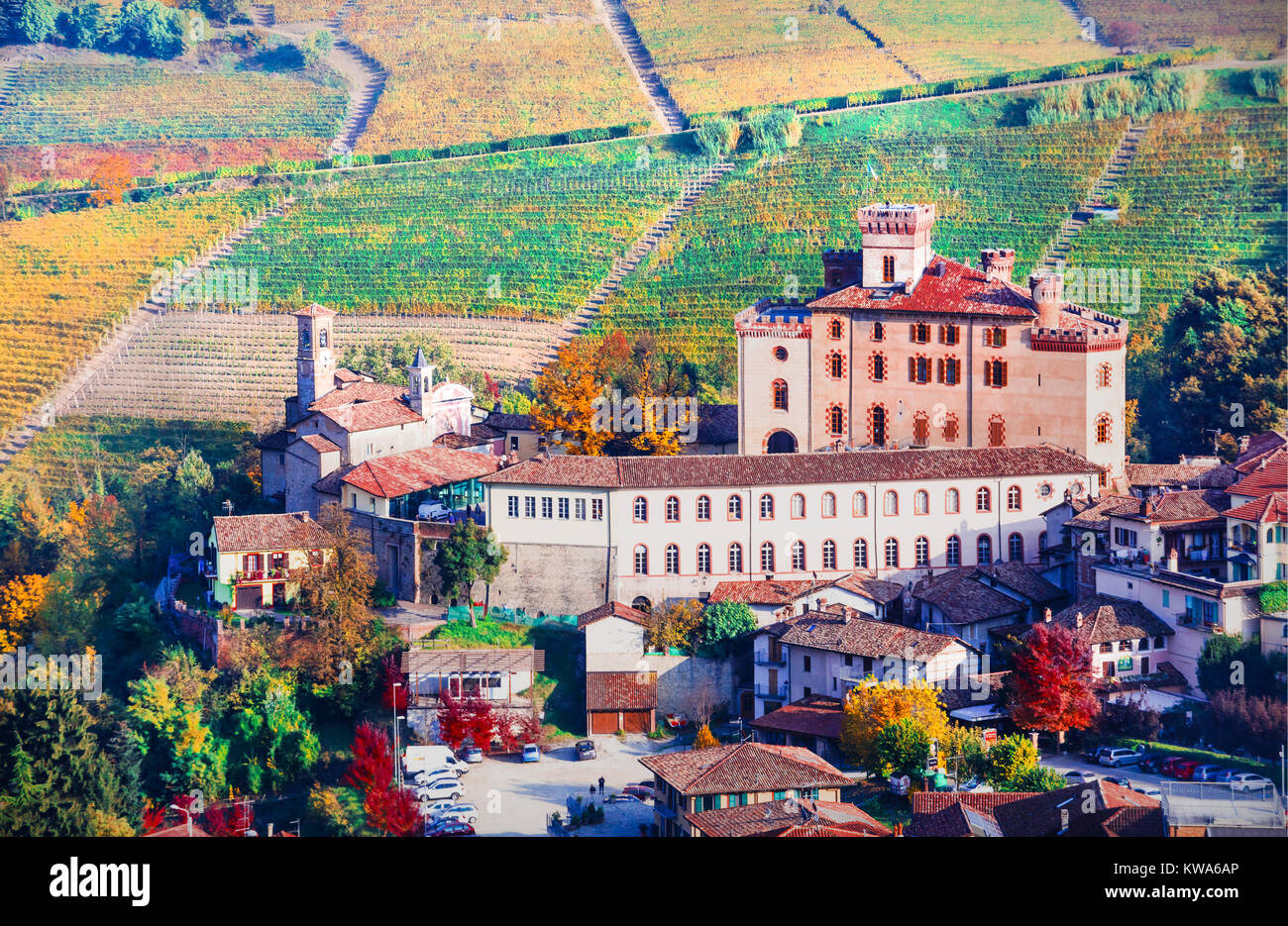 Impressive Barolo village,view with vineyards and castle,Piemonte,Italy. Stock Photo