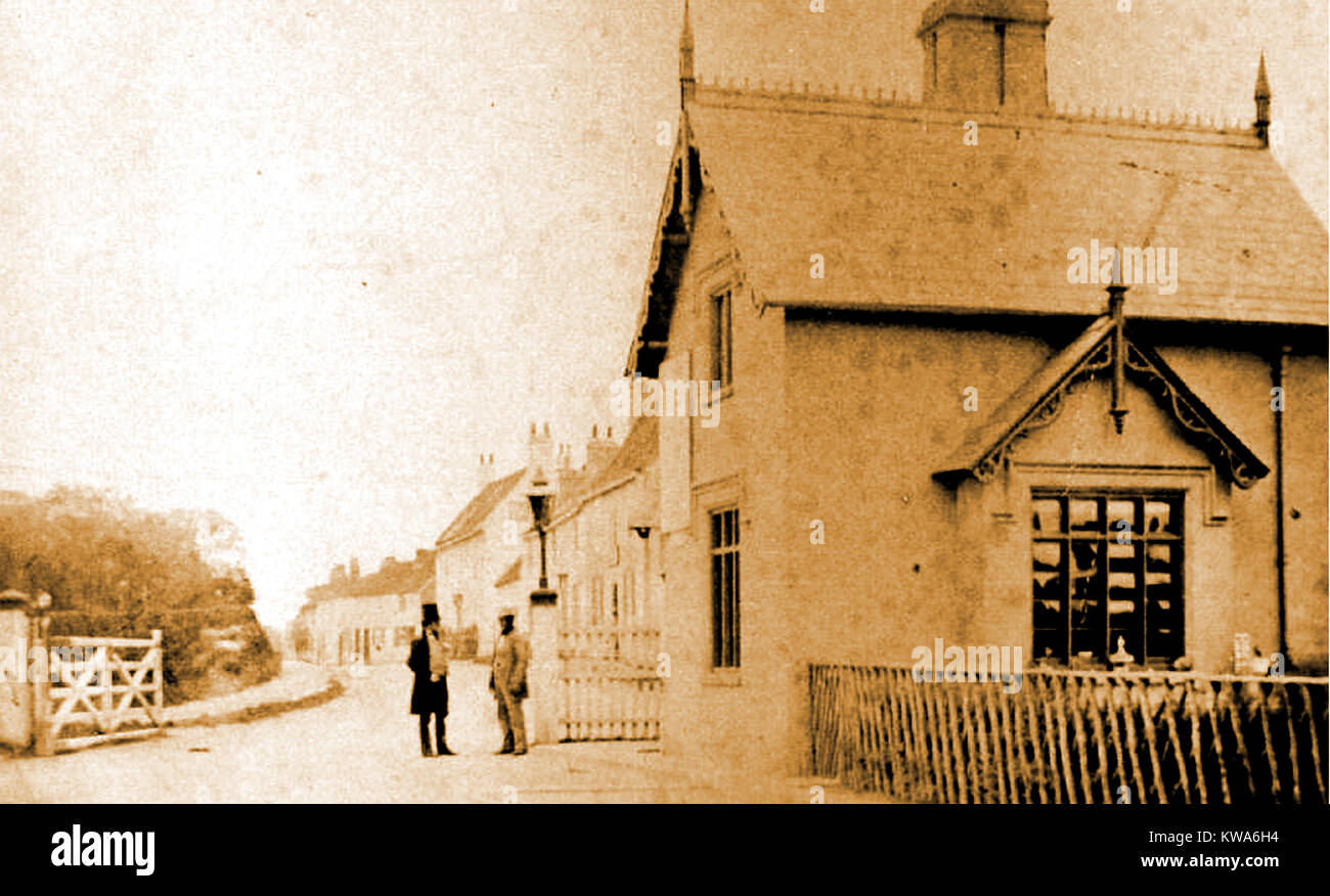 A rare Victorian  photograph of Molescroft Turnpike gate and toll booth, Beverley, East Riding of Yorkshire, England. The man standing to the right is believed to be John Henry Waters, the  keeper Stock Photo