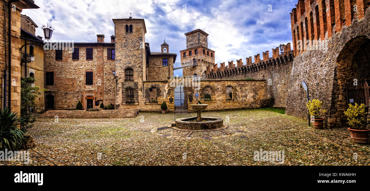 Impressive Vigoleno old castle,panoramic view,near Piacenza,Emilia Romagna,Italy. Stock Photo