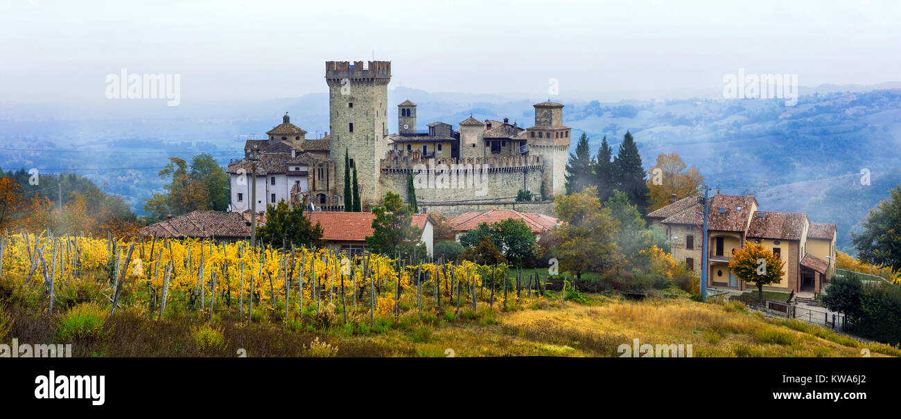 Beautiful Vigoleno medieval village,View with old castle and vineyards,near Piacenza,Italy. Stock Photo