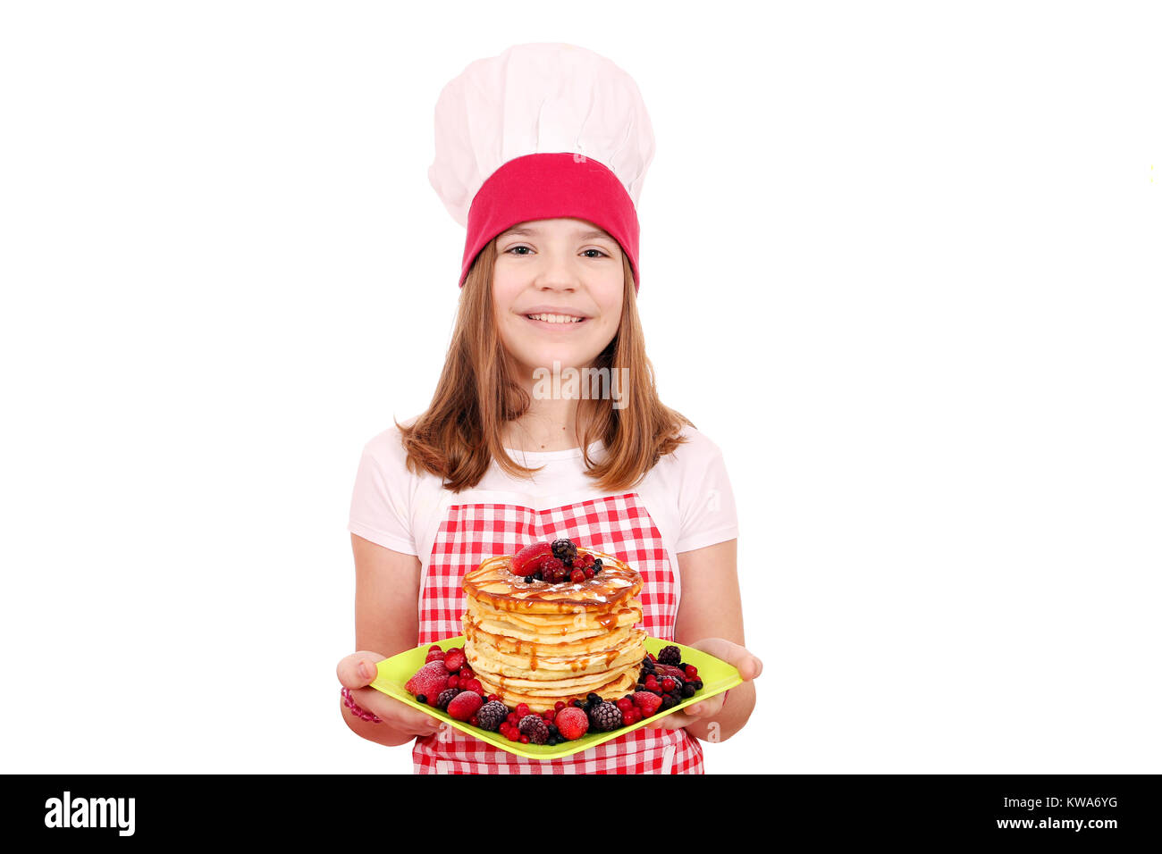 happy little girl cook with pancakes Stock Photo Alamy