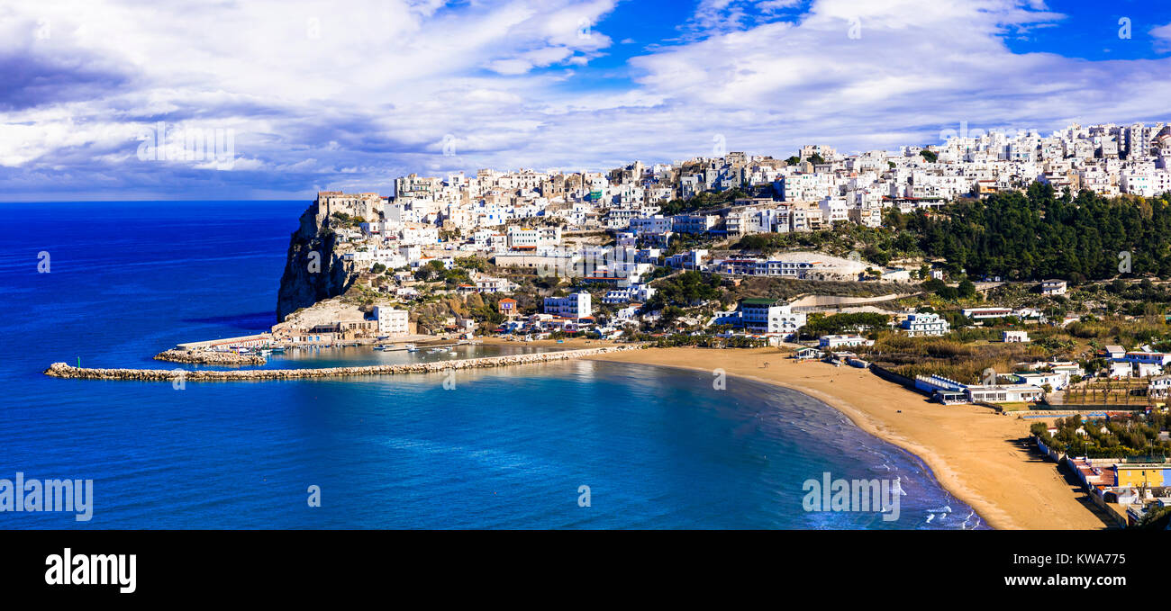 Impressive Peschici village,view with traditional houses and sea,puglia,Italy Stock Photo
