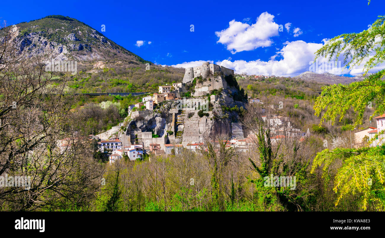Impressive Cerro al Volturno village,view with Pandone castle,Molise,Isernia province,Italy. Stock Photo