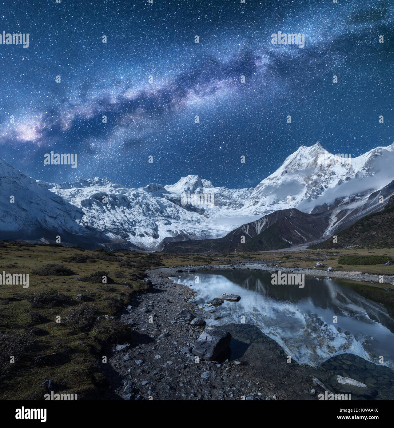 Milky Way and high mountains. Night landscape with mountains and starry ...
