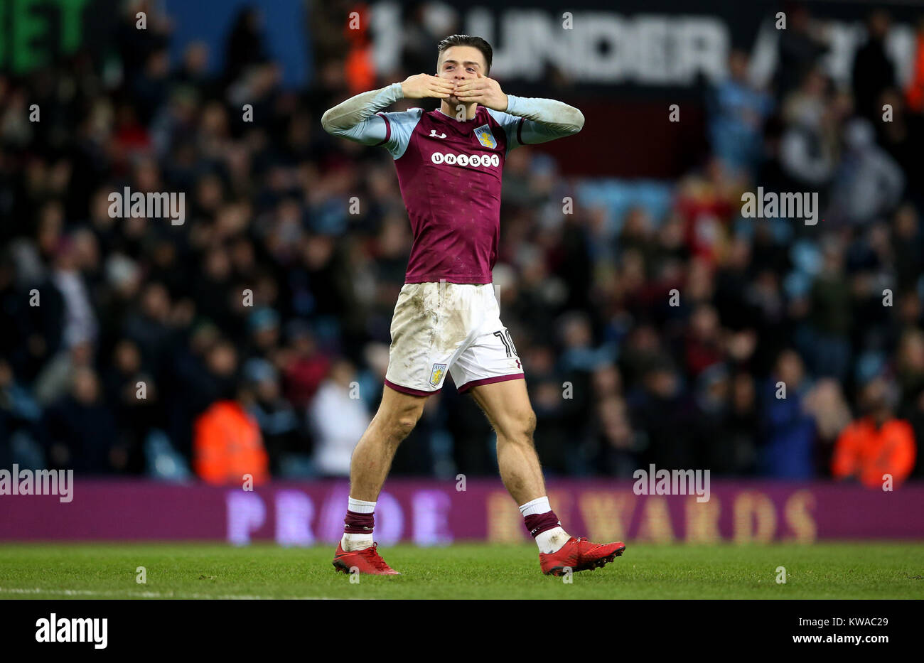 Aston Villa's Jack Grealish blows a kiss to the home fans after the ...