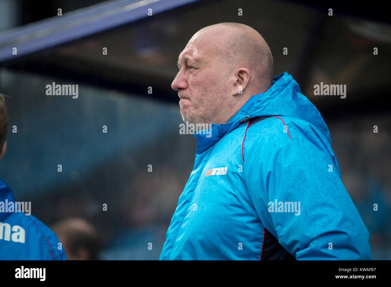 Halifax, UK. 01st Jan, 2018. Billy Heath (Manager) (FC Halifax Town) watches play during FC Halifax Town v Macclesfield in the Vanarama National League game on Monday 1 January 2018 at The MBI Shay Stadium, Halifax, West Yorkshire. Photo by Mark P Doherty. Credit: Caught Light Photography Limited/Alamy Live News Stock Photo