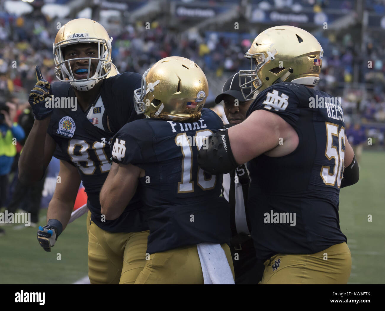 Orlando, Florida, USA. 1st January, 2018. Notre Dame MILES BOYKINS (81) celebrates with teammates after scoring the winning touchdown of the Florida Citrus Bowl at Camping World Stadium. Credit: Jerome Hicks/ZUMA Wire/Alamy Live News Stock Photo