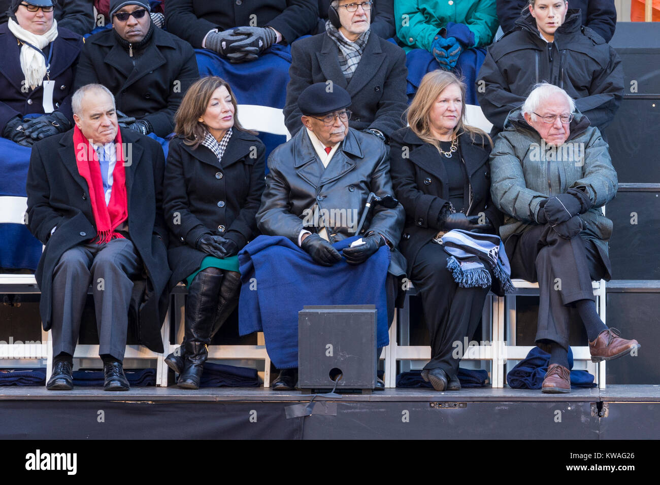 New York, USA. 1st Jan, 2018. Thomas DiNapoli, Kathy Hochul, David Dinkins, Jane Sanders, Bernie Sanders attend inauguration for Public Advocate, Comptroller, mayor in frigid weather in front of City Hall Credit: lev radin/Alamy Live News Stock Photo
