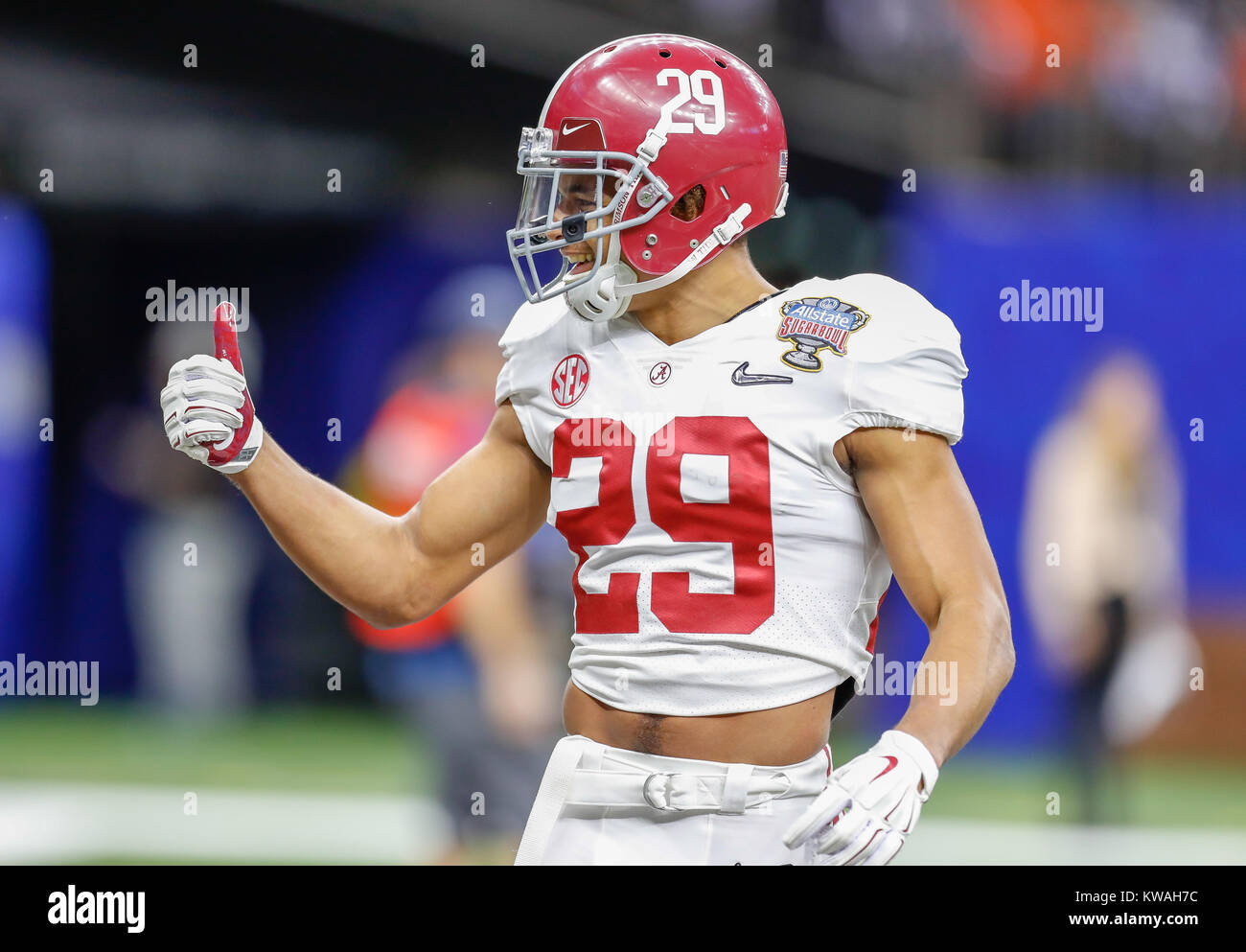 New Orleans, LA, USA. 1st Jan, 2018. Alabama DB Minkah Fitzpatrick smiles during warm-ups prior to the Allstate Sugar Bowl football game between the Clemson Tigers and the Alabama Crimson Tide at the Mercedes-Benz Supedome in New Orleans, LA. Kyle Okita/CSM/Alamy Live News Stock Photo