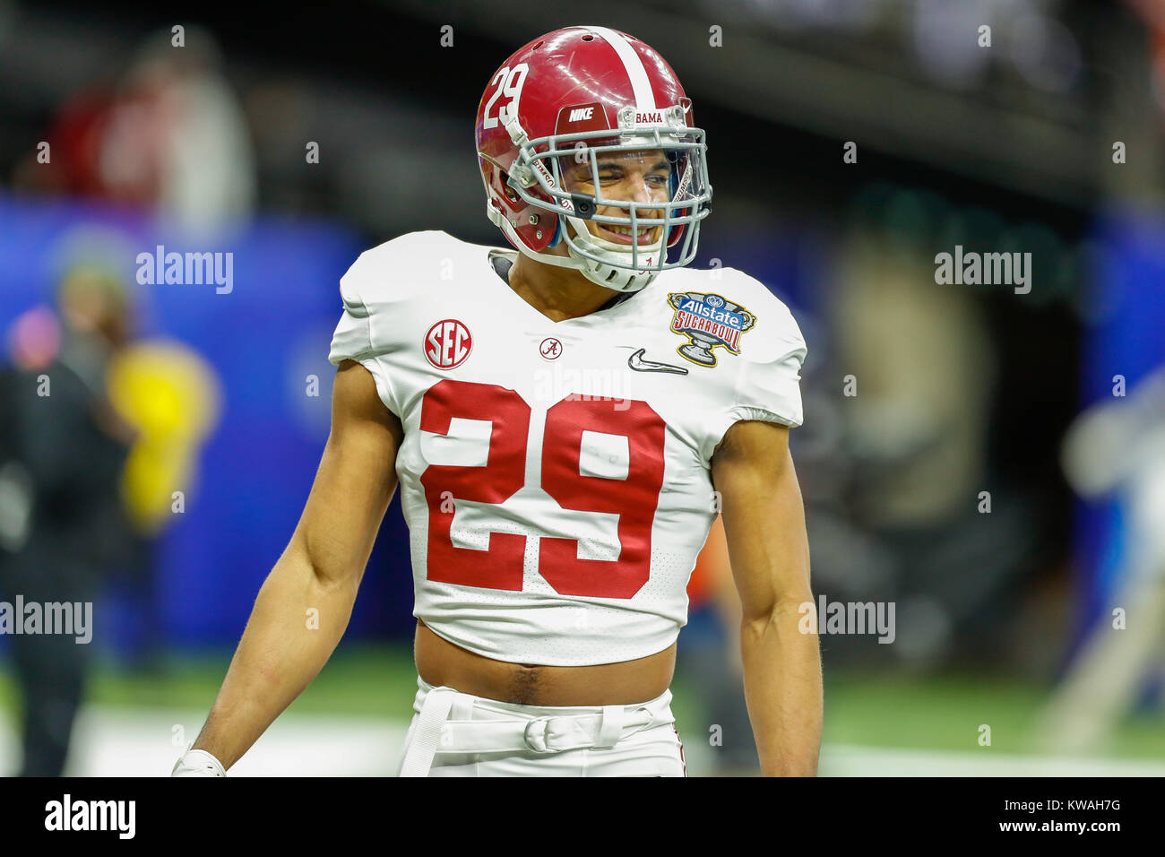 New Orleans, LA, USA. 1st Jan, 2018. Alabama DB Minkah Fitzpatcik #29 smiles during warm-ups prior to the Allstate Sugar Bowl football game between the Clemson Tigers and the Alabama Crimson Tide at the Mercedes-Benz Supedome in New Orleans, LA. Kyle Okita/CSM/Alamy Live News Stock Photo