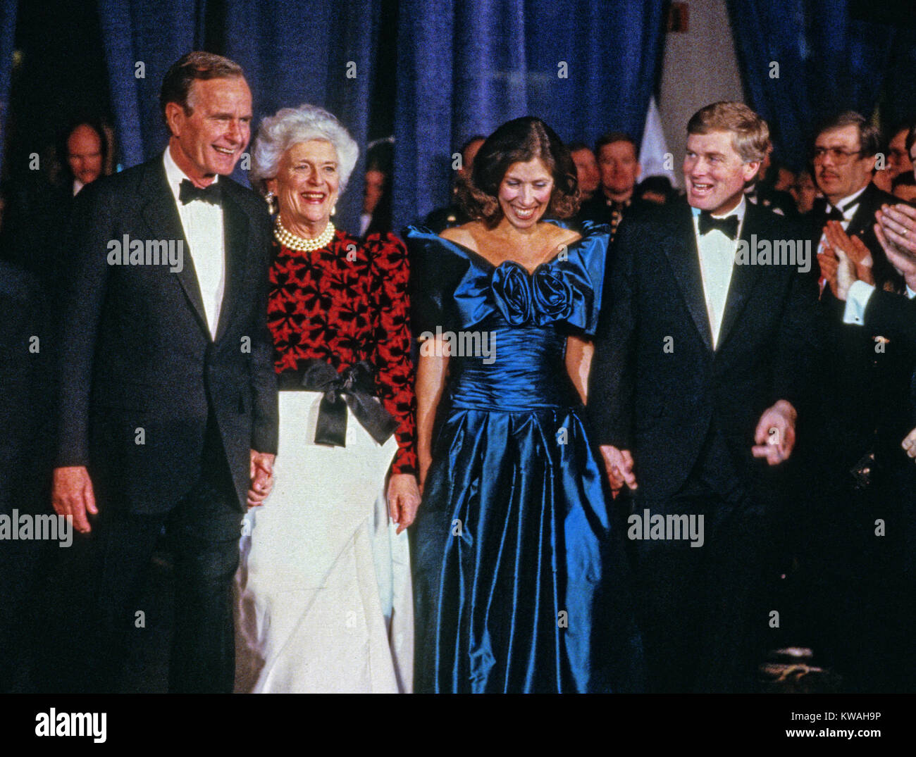 Washington, District of Columbia, USA. 18th Jan, 1989. From left to right: United States President-elect George H.W. Bush, Barbara Bush, Marilyn Quayle, and US Vice President-elect Dan Quayle, attends the Inaugural Gala at the Washington DC Convention Center in Washington, DC on January 18 1989. Credit: David Burnett/Pool via CNP Credit: David Burnett/CNP/ZUMA Wire/Alamy Live News Stock Photo