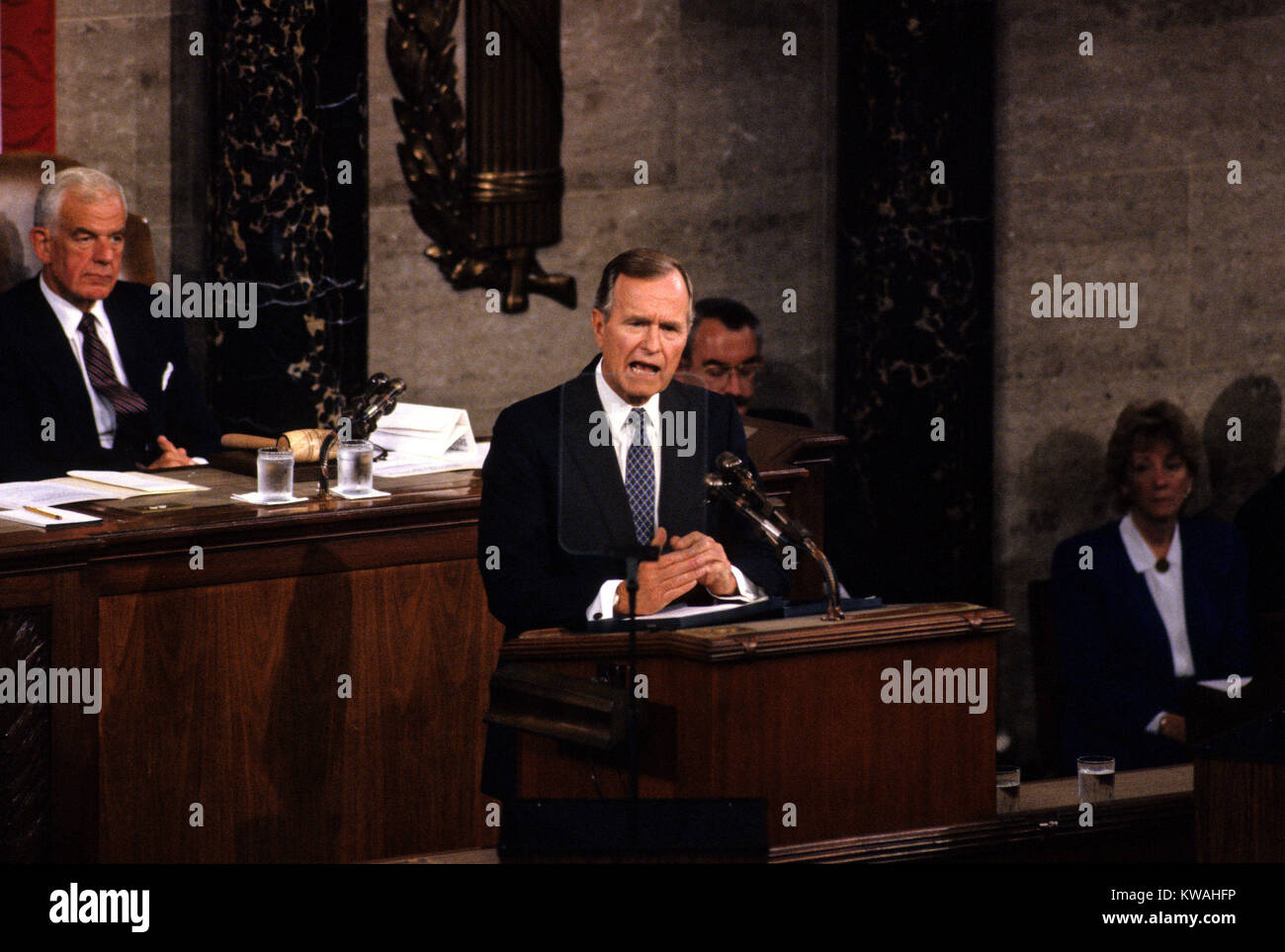Washington, District of Columbia, USA. 11th Sep, 1990. United States President George H.W. Bush speaks to a Joint Session of the U.S. Congress on the situation with Iraq and the Persian Gulf and on the federal deficit in the U.S. Capitol in Washington, DC on September 11, 1990. Looking on from left is the Speaker of the US House of Representatives Tom Foley (Democrat of Washington).Credit: Ron Sachs/CNP Credit: Ron Sachs/CNP/ZUMA Wire/Alamy Live News Stock Photo