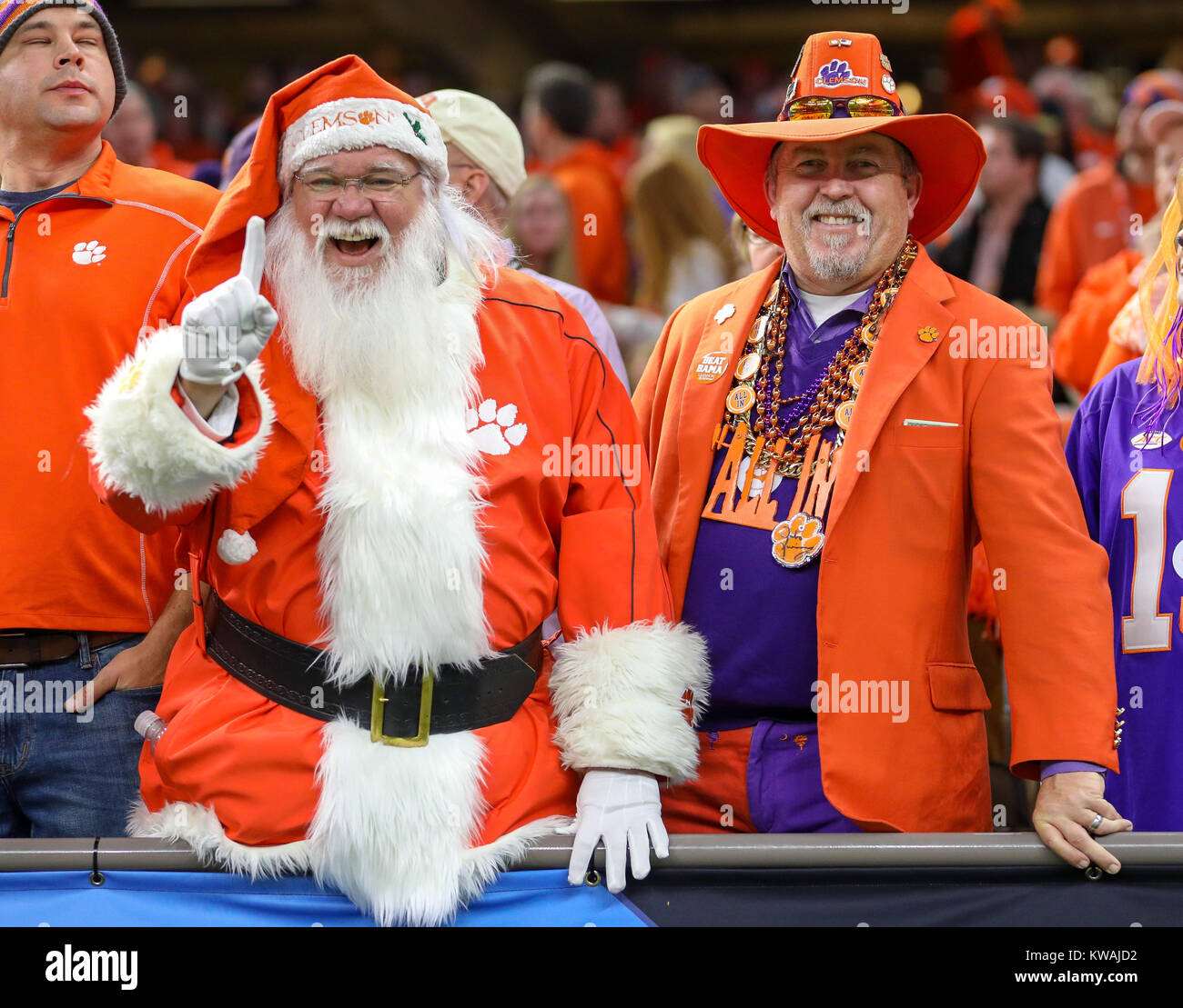 New Orleans, LA, USA. 1st Jan, 2018. A Clemson fan dressed as Santa Clause in the stand prior to the Allstate Sugar Bowl football game between the Clemson Tigers and the Alabama Crimson Tide at the Mercedes-Benz Supedome in New Orleans, LA. Kyle Okita/CSM/Alamy Live News Stock Photo